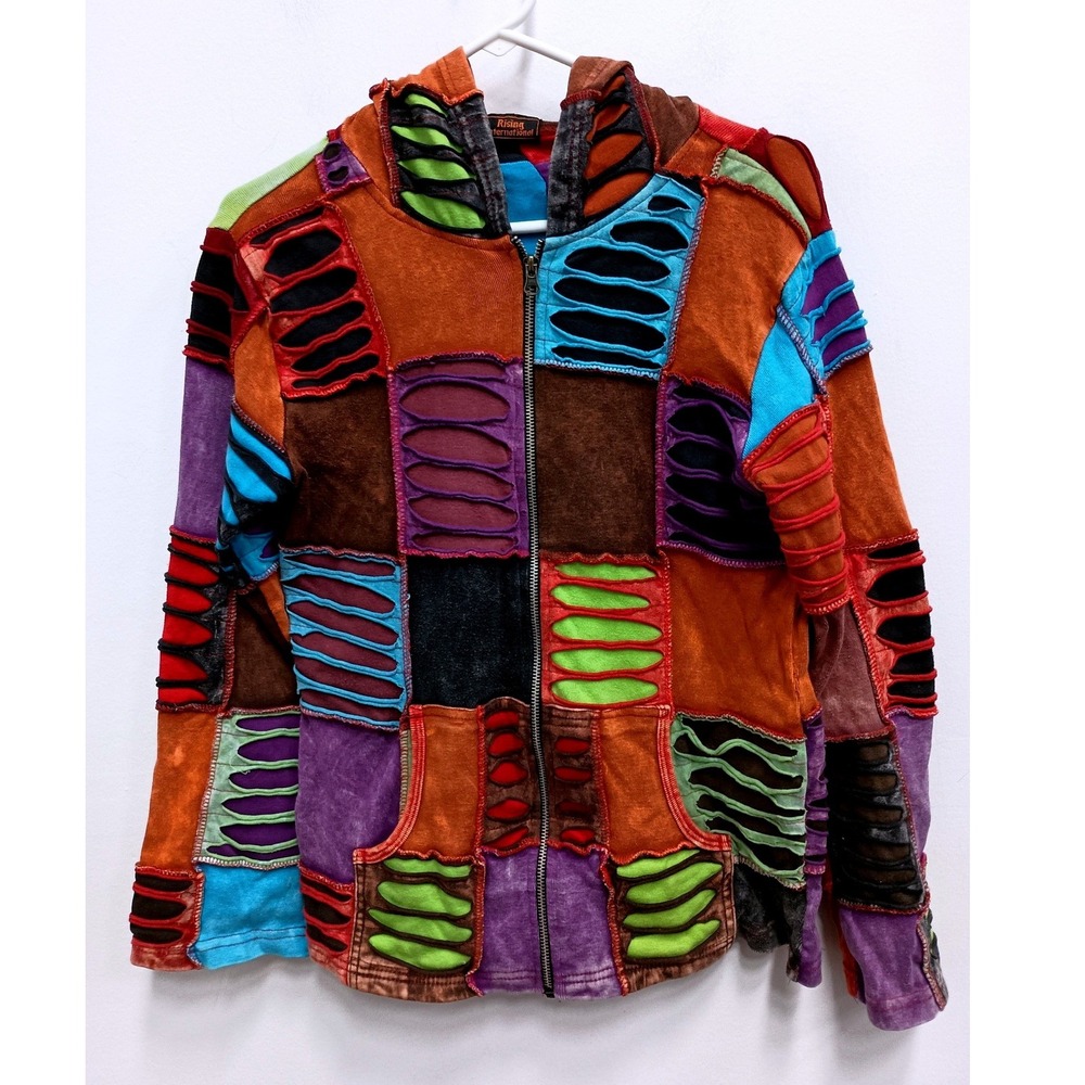 Rising International Patchwork Hoodie Womens Medium Boho Hippie Razor Cut